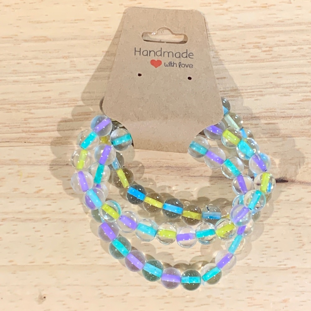 Handmade Beaded Bracelet Women 3pc Set Clear Striped Y2K Kidcore Neon Stackable